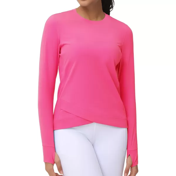 Womens Long Sleeve Compression Shirts Workout Tops Cross Hem Athletic Running Yoga TShirts with Thumb HoleBright Pink
