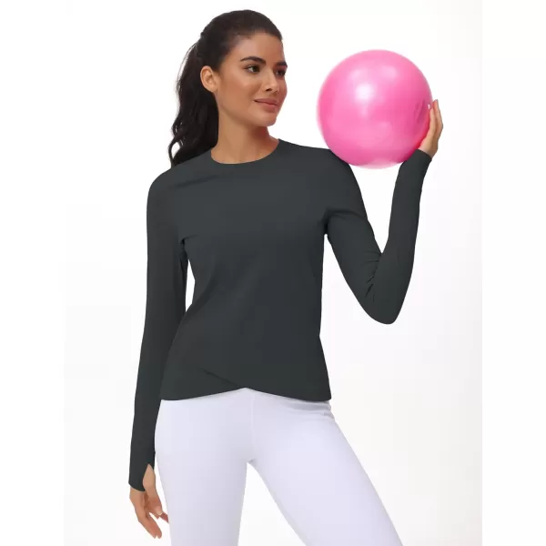 Womens Long Sleeve Compression Shirts Workout Tops Cross Hem Athletic Running Yoga TShirts with Thumb HoleCharcoal Grey