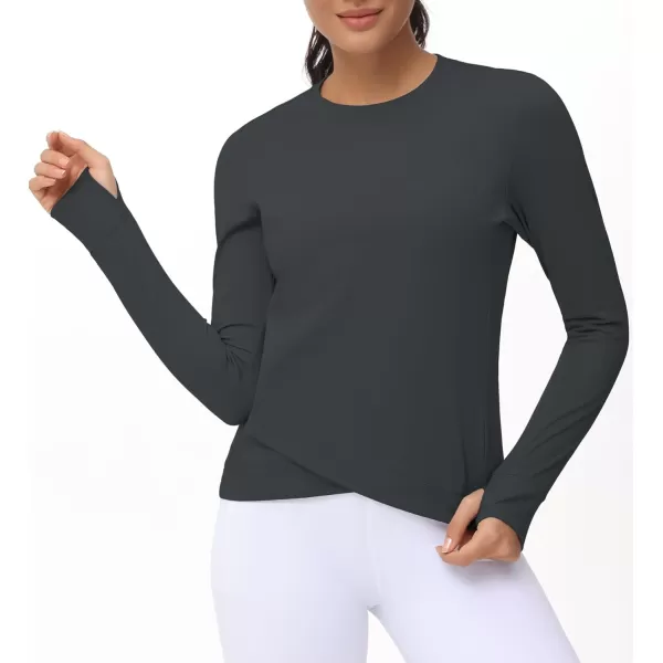 Womens Long Sleeve Compression Shirts Workout Tops Cross Hem Athletic Running Yoga TShirts with Thumb HoleCharcoal Grey
