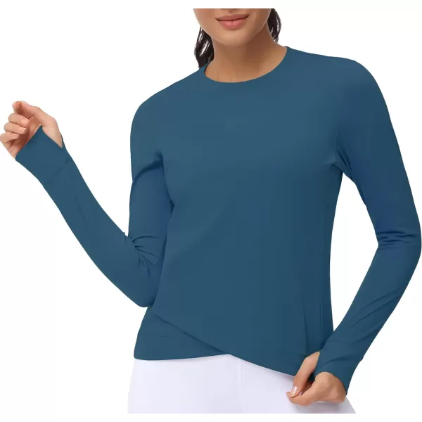 Womens Long Sleeve Compression Shirts Workout Tops Cross Hem Athletic Running Yoga TShirts with Thumb HoleDark Blue Green