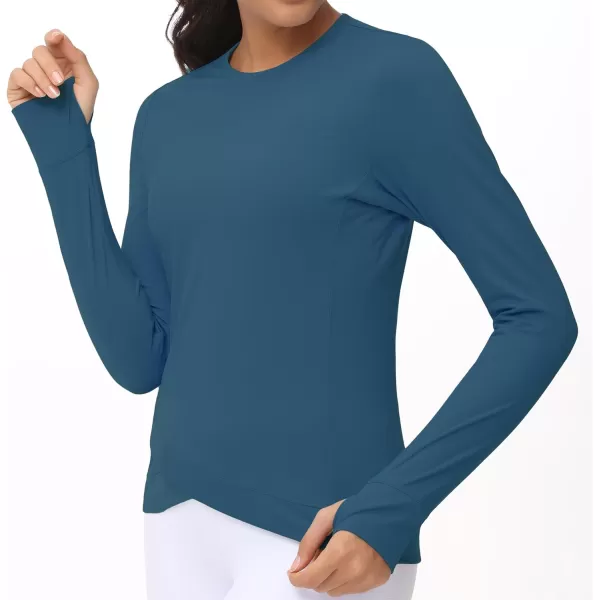 Womens Long Sleeve Compression Shirts Workout Tops Cross Hem Athletic Running Yoga TShirts with Thumb HoleDark Blue Green
