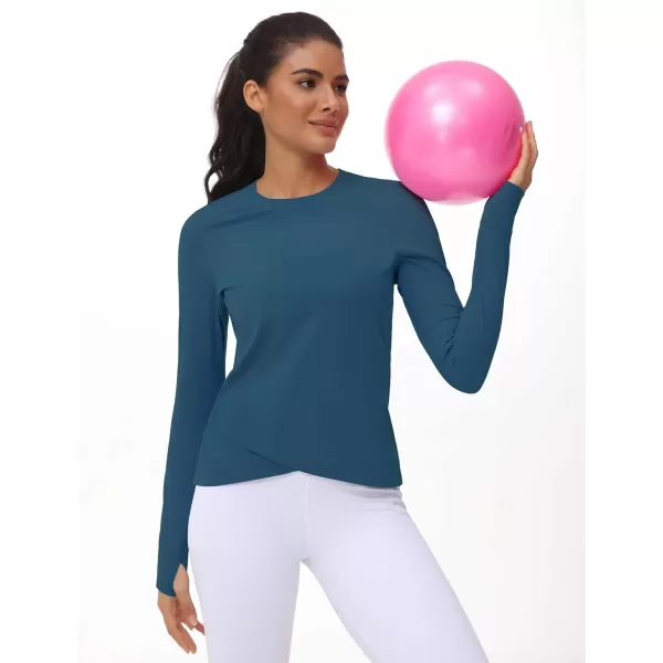 Womens Long Sleeve Compression Shirts Workout Tops Cross Hem Athletic Running Yoga TShirts with Thumb HoleDark Blue Green