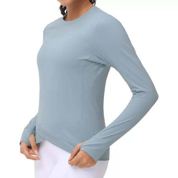 Womens Long Sleeve Compression Shirts Workout Tops Cross Hem Athletic Running Yoga TShirts with Thumb HoleDenim Blue