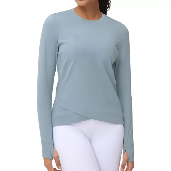 Womens Long Sleeve Compression Shirts Workout Tops Cross Hem Athletic Running Yoga TShirts with Thumb HoleDenim Blue