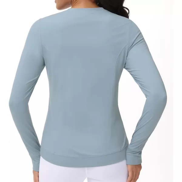 Womens Long Sleeve Compression Shirts Workout Tops Cross Hem Athletic Running Yoga TShirts with Thumb HoleDenim Blue