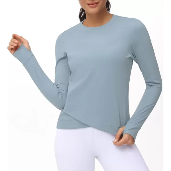 Womens Long Sleeve Compression Shirts Workout Tops Cross Hem Athletic Running Yoga TShirts with Thumb HoleDenim Blue