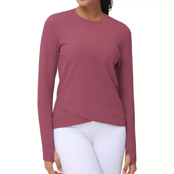 Womens Long Sleeve Compression Shirts Workout Tops Cross Hem Athletic Running Yoga TShirts with Thumb HoleRose Red