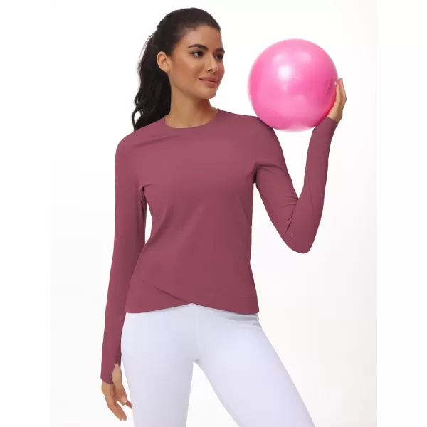 Womens Long Sleeve Compression Shirts Workout Tops Cross Hem Athletic Running Yoga TShirts with Thumb HoleRose Red