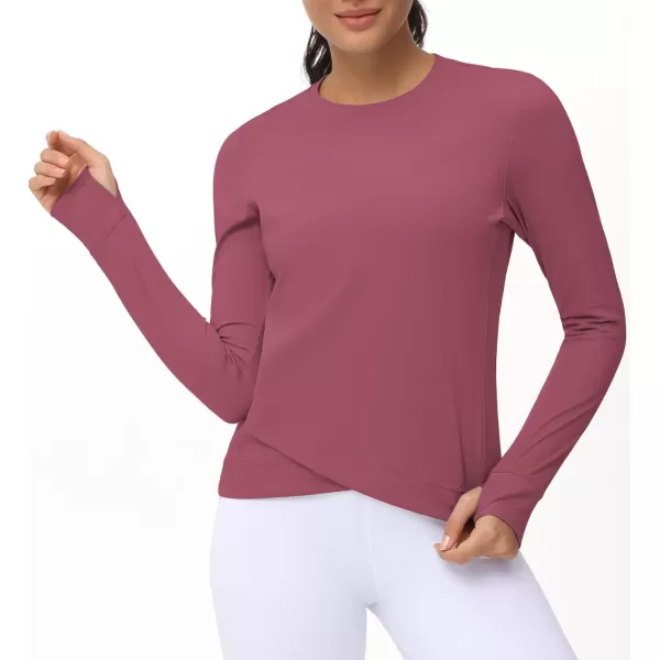 Womens Long Sleeve Compression Shirts Workout Tops Cross Hem Athletic Running Yoga TShirts with Thumb HoleRose Red