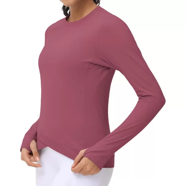 Womens Long Sleeve Compression Shirts Workout Tops Cross Hem Athletic Running Yoga TShirts with Thumb HoleRose Red