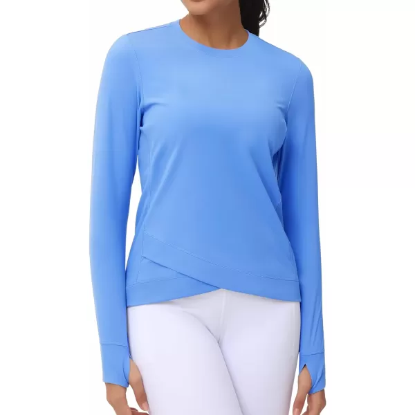 Womens Long Sleeve Compression Shirts Workout Tops Cross Hem Athletic Running Yoga TShirts with Thumb HoleSea Blue