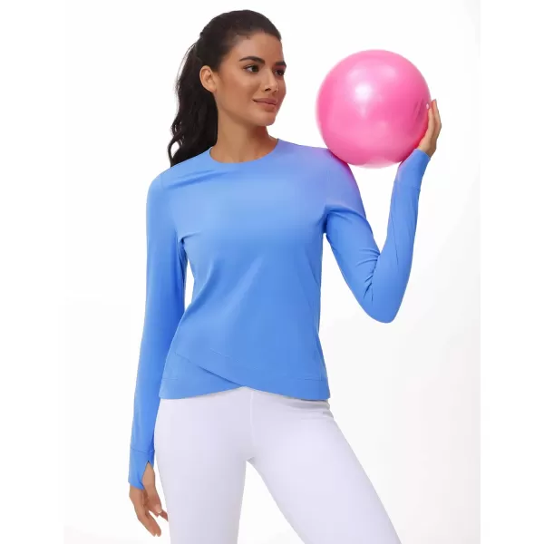 Womens Long Sleeve Compression Shirts Workout Tops Cross Hem Athletic Running Yoga TShirts with Thumb HoleSea Blue