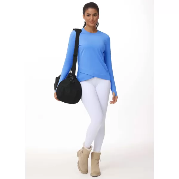 Womens Long Sleeve Compression Shirts Workout Tops Cross Hem Athletic Running Yoga TShirts with Thumb HoleSea Blue