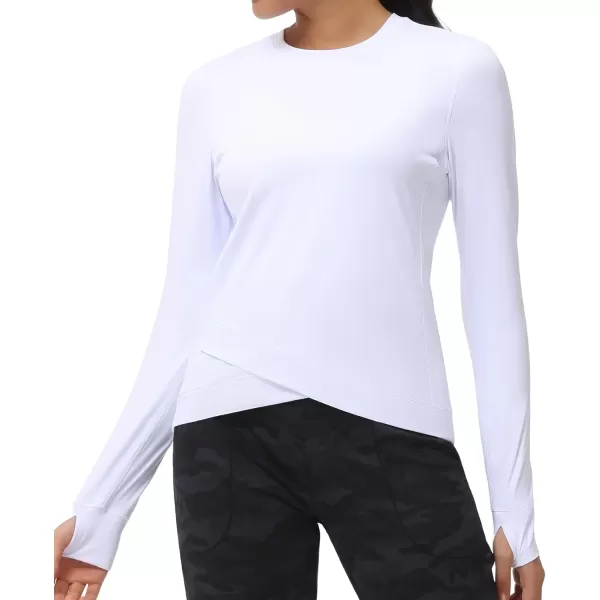 Womens Long Sleeve Compression Shirts Workout Tops Cross Hem Athletic Running Yoga TShirts with Thumb HoleWhite