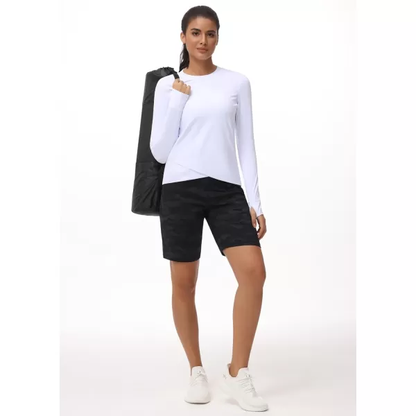 Womens Long Sleeve Compression Shirts Workout Tops Cross Hem Athletic Running Yoga TShirts with Thumb HoleWhite