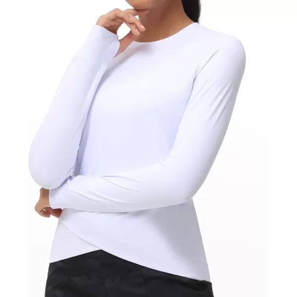 Womens Long Sleeve Compression Shirts Workout Tops Cross Hem Athletic Running Yoga TShirts with Thumb HoleWhite