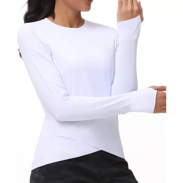 Womens Long Sleeve Compression Shirts Workout Tops Cross Hem Athletic Running Yoga TShirts with Thumb HoleWhite