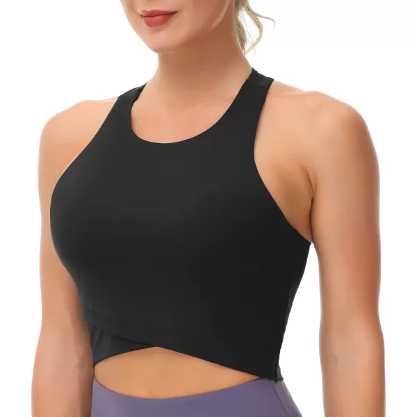 Womens Racerback Sports Bra Medium Support Athletic Workout Crop Tank Tops Built in BraBlack