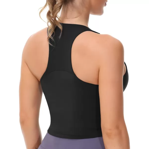 Womens Racerback Sports Bra Medium Support Athletic Workout Crop Tank Tops Built in BraBlack