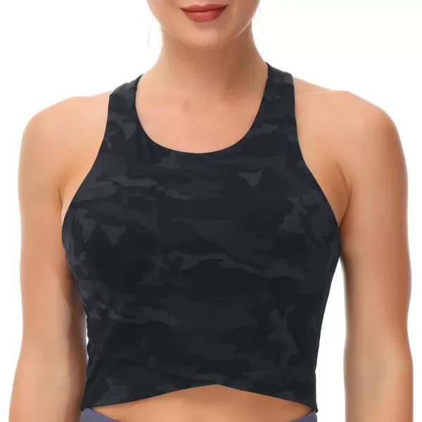 Womens Racerback Sports Bra Medium Support Athletic Workout Crop Tank Tops Built in BraCamo Black
