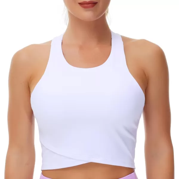 Womens Racerback Sports Bra Medium Support Athletic Workout Crop Tank Tops Built in BraWhite