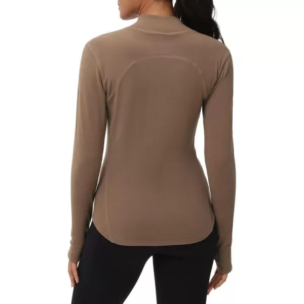THE GYM PEOPLE Fleece Mock Turtleneck Pullover Base Layer Shirts Long Sleeve Workout Tops with Thumb HoleBrown