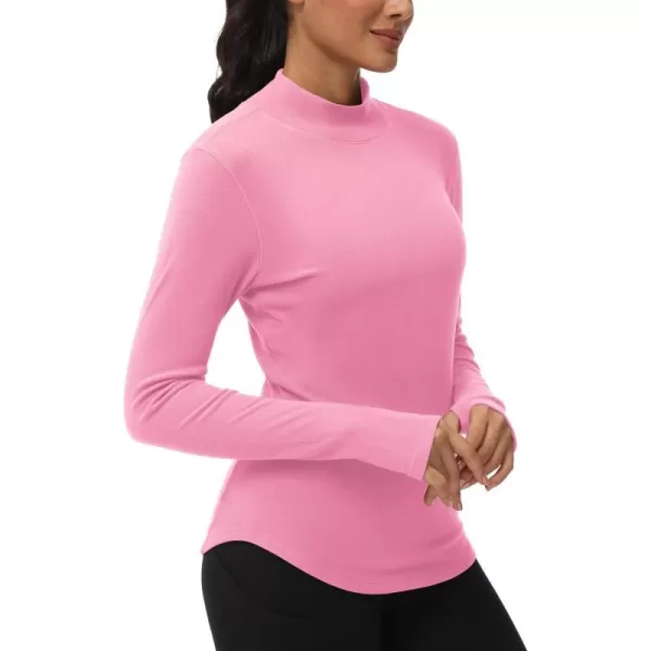 THE GYM PEOPLE Fleece Mock Turtleneck Pullover Base Layer Shirts Long Sleeve Workout Tops with Thumb HolePink