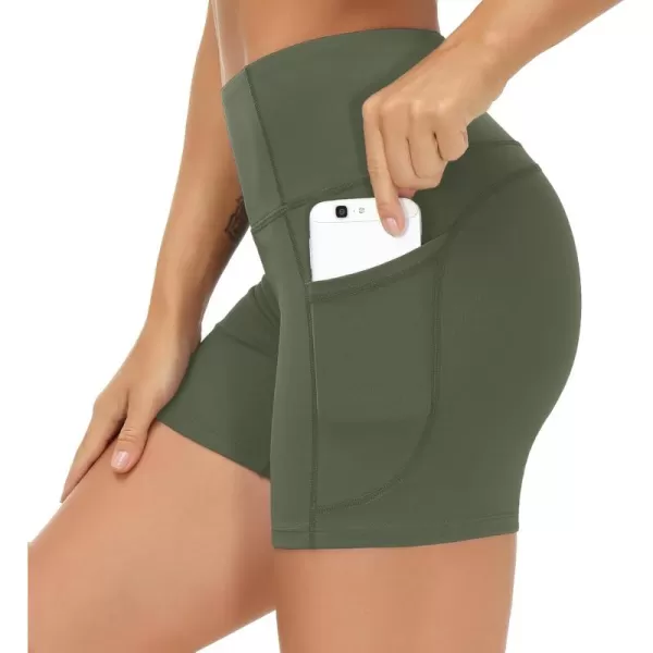 THE GYM PEOPLE High Waist Yoga Shorts for Womens Tummy Control Fitness Athletic Workout Running Shorts with Deep PocketsBean Green