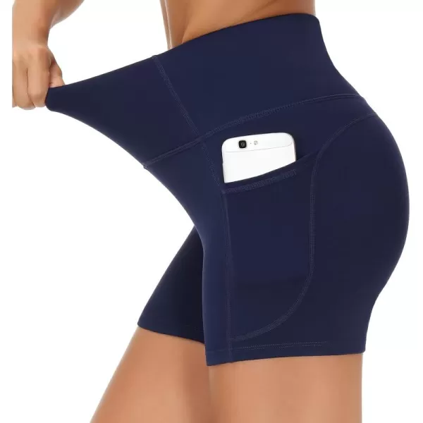 THE GYM PEOPLE High Waist Yoga Shorts for Womens Tummy Control Fitness Athletic Workout Running Shorts with Deep PocketsBlue