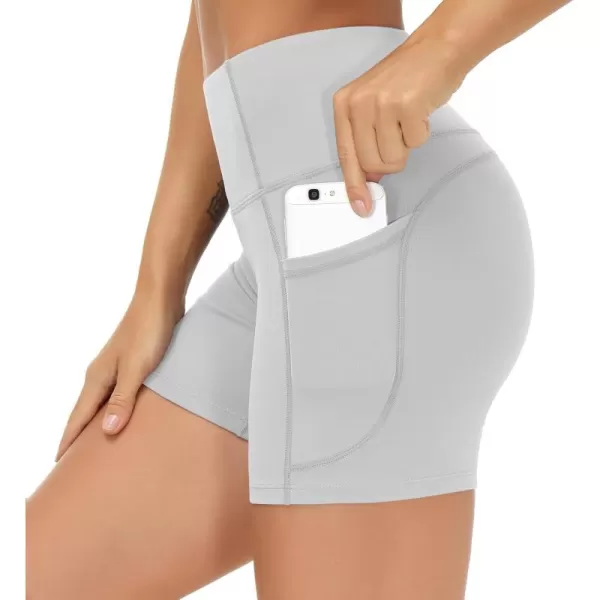 THE GYM PEOPLE High Waist Yoga Shorts for Womens Tummy Control Fitness Athletic Workout Running Shorts with Deep PocketsBright Grey