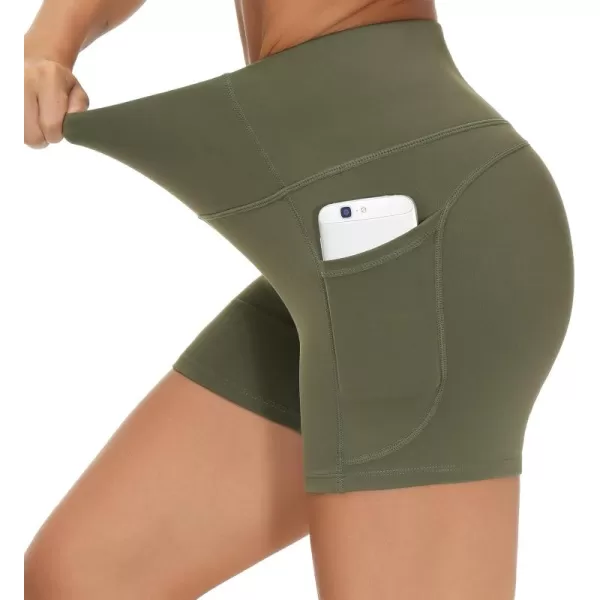 THE GYM PEOPLE High Waist Yoga Shorts for Womens Tummy Control Fitness Athletic Workout Running Shorts with Deep PocketsOlive Green