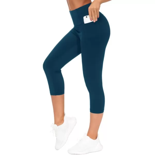 THE GYM PEOPLE Tummy Control Workout Capris Leggings with Pockets High Waist Athletic Yoga Pants for Women Running HikingDark Blue Green
