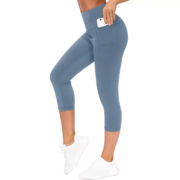 THE GYM PEOPLE Tummy Control Workout Capris Leggings with Pockets High Waist Athletic Yoga Pants for Women Running HikingGrey Blue