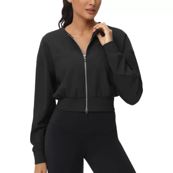 THE GYM PEOPLE Womens Cropped Jackets Full Zip Long Sleeve Ribbed Workout Sweatshirts Lightweight Casual TopsBlack