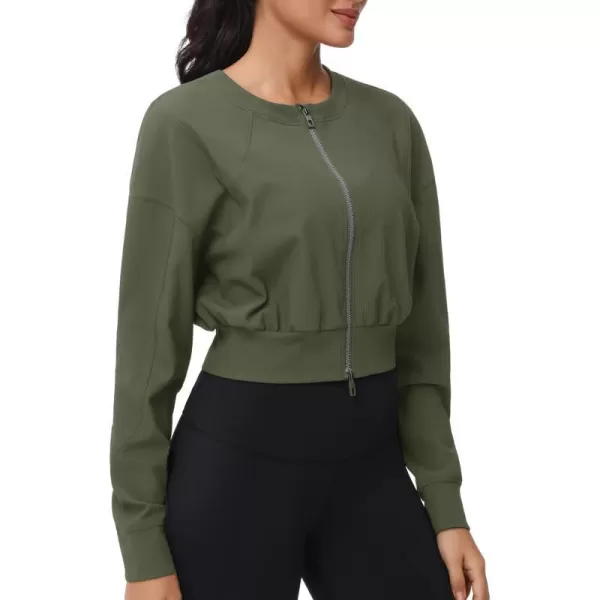 THE GYM PEOPLE Womens Cropped Jackets Full Zip Long Sleeve Ribbed Workout Sweatshirts Lightweight Casual TopsGraphite Green