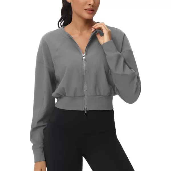THE GYM PEOPLE Womens Cropped Jackets Full Zip Long Sleeve Ribbed Workout Sweatshirts Lightweight Casual TopsGrey
