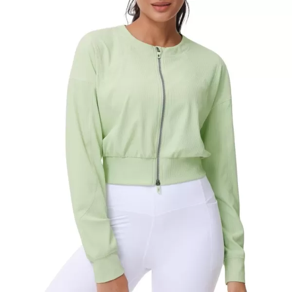 THE GYM PEOPLE Womens Cropped Jackets Full Zip Long Sleeve Ribbed Workout Sweatshirts Lightweight Casual TopsLight Green