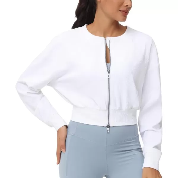 THE GYM PEOPLE Womens Cropped Jackets Full Zip Long Sleeve Ribbed Workout Sweatshirts Lightweight Casual TopsWhite