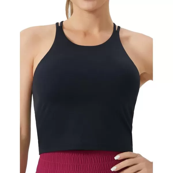 THE GYM PEOPLE Womens Cross Back Sports Bra Halter Neck Workout Crop Tank Tops with Removable PadsBlack