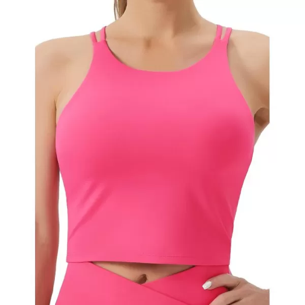 THE GYM PEOPLE Womens Cross Back Sports Bra Halter Neck Workout Crop Tank Tops with Removable PadsBright Pink