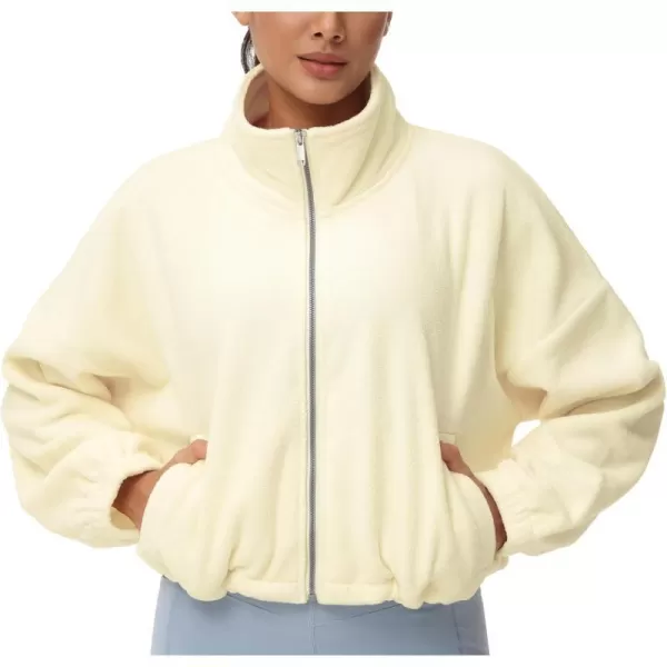 THE GYM PEOPLE Womens Fleece Cropped Jacket Full Zip Stand Collar Workout Short Sherpa Coats with Pockets Drawstring HemBeige