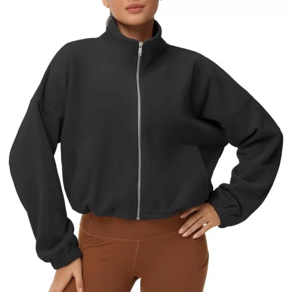 THE GYM PEOPLE Womens Fleece Cropped Jacket Full Zip Stand Collar Workout Short Sherpa Coats with Pockets Drawstring HemBlack