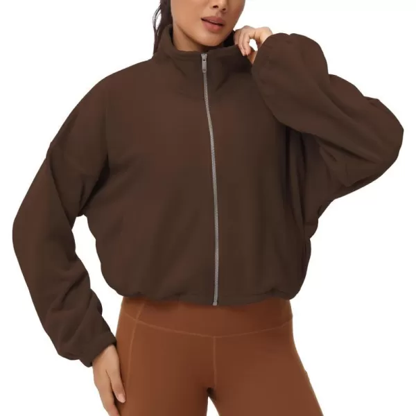 THE GYM PEOPLE Womens Fleece Cropped Jacket Full Zip Stand Collar Workout Short Sherpa Coats with Pockets Drawstring HemBrown