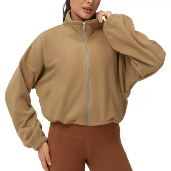 THE GYM PEOPLE Womens Fleece Cropped Jacket Full Zip Stand Collar Workout Short Sherpa Coats with Pockets Drawstring HemCamel