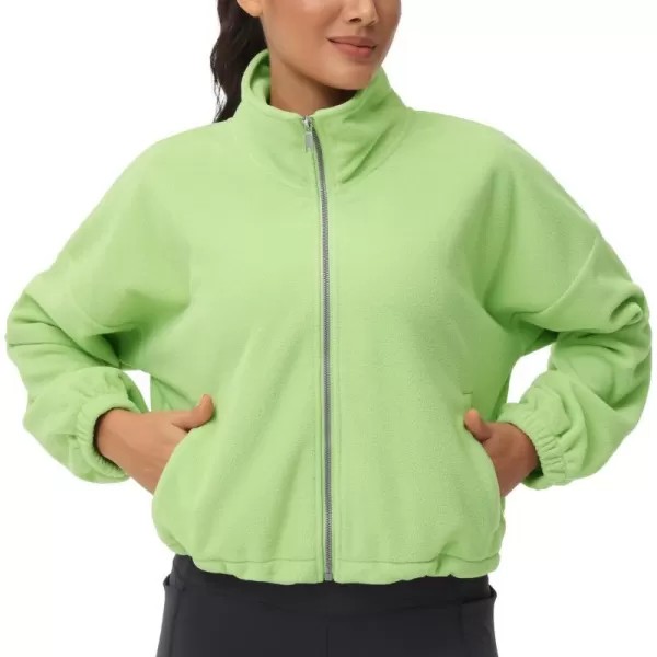 THE GYM PEOPLE Womens Fleece Cropped Jacket Full Zip Stand Collar Workout Short Sherpa Coats with Pockets Drawstring HemLight Green