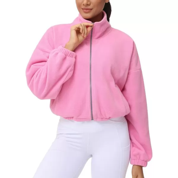 THE GYM PEOPLE Womens Fleece Cropped Jacket Full Zip Stand Collar Workout Short Sherpa Coats with Pockets Drawstring HemPink
