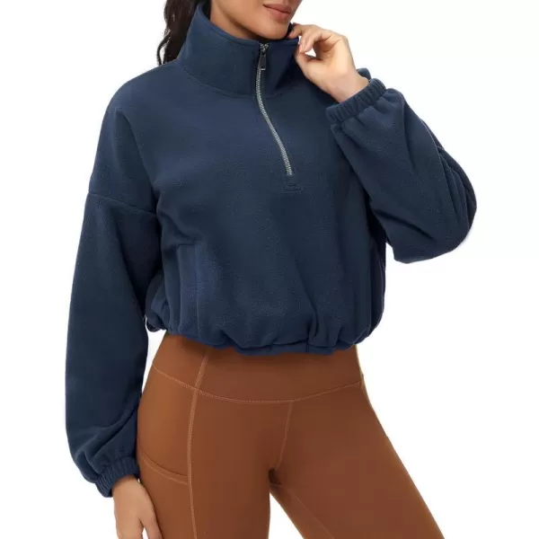 THE GYM PEOPLE Womens Half Zip Crop Pullover Sweatshirt Fleece Stand Collar Workout Tops with Pockets Drawstring HemNavy Blue