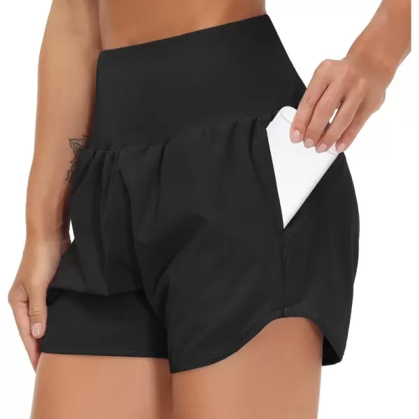 THE GYM PEOPLE Womens High Waist Running Shorts with Liner Athletic Hiking Workout Shorts Zip PocketsBlack