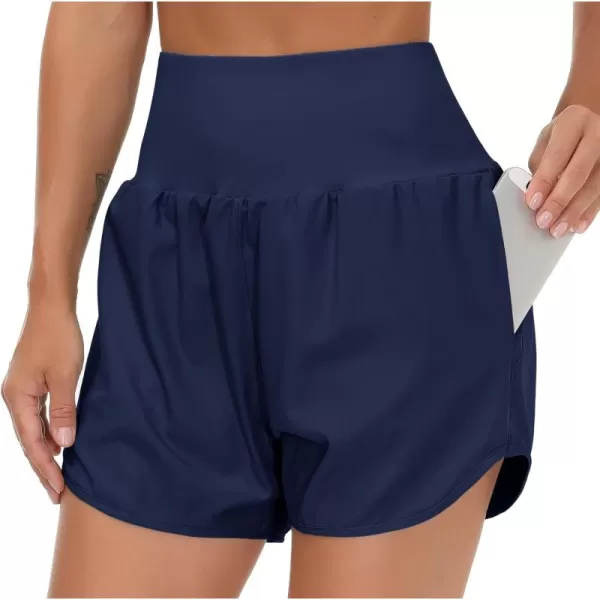 THE GYM PEOPLE Womens High Waist Running Shorts with Liner Athletic Hiking Workout Shorts Zip PocketsBlue