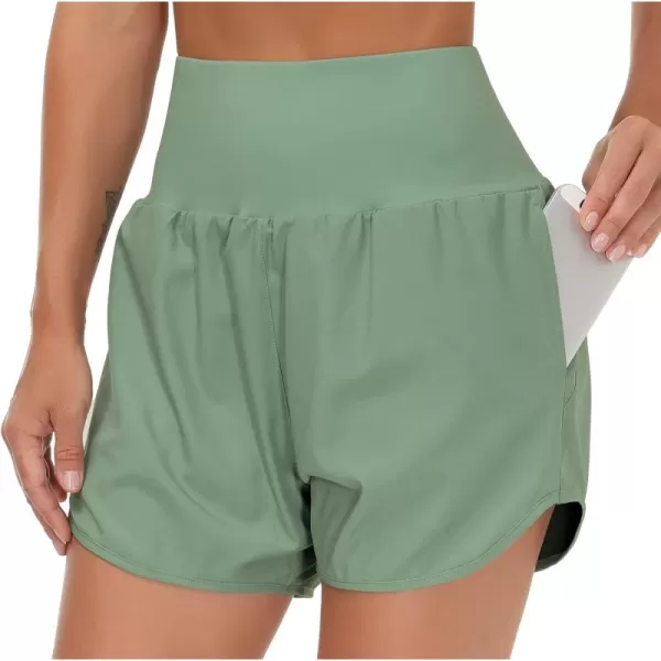 THE GYM PEOPLE Womens High Waist Running Shorts with Liner Athletic Hiking Workout Shorts Zip PocketsJasmine Green